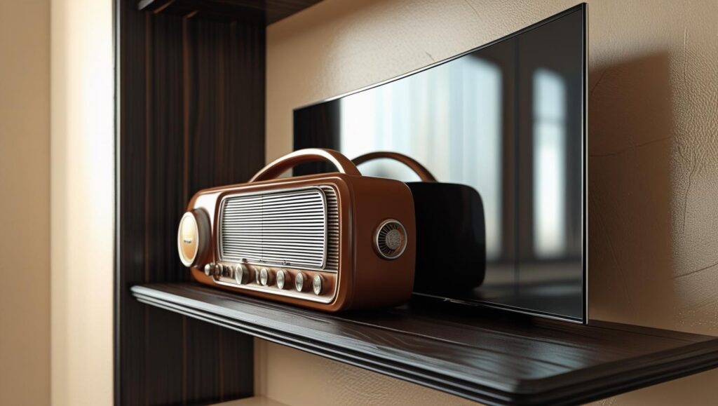 uma imagem de um radio de carro e uma tv smart moderna